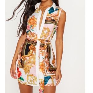 White Sleeveless Chain Print Tie Waist Shirt Dress